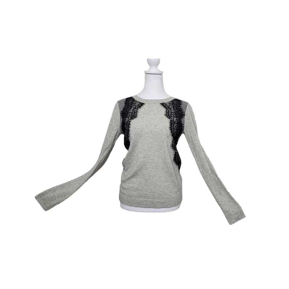J. Crew Sweater Crew Neck Womens XS Grey w/ Black Lace Accent Soft Wool Blend